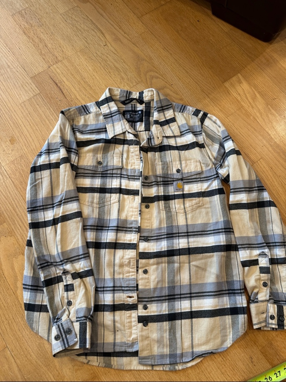 Carhartt women’s size small Cream and Black Plaid Flannel Work Shirt